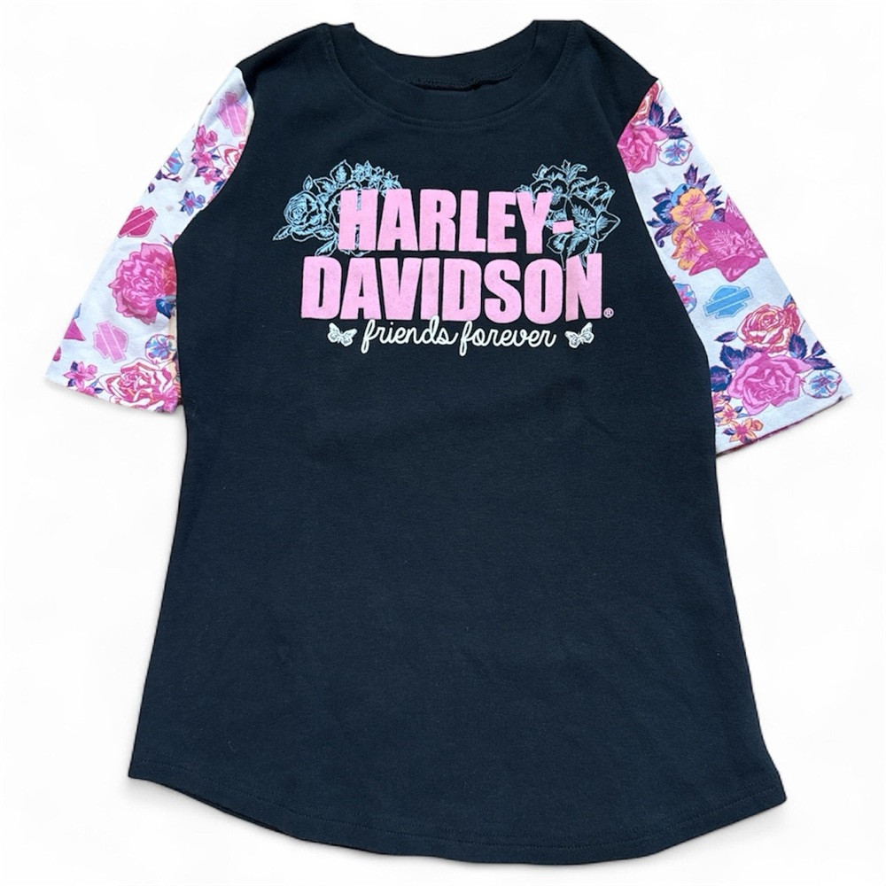 Harley-Davidson Kids Black Tee with Pink Floral Sleeves